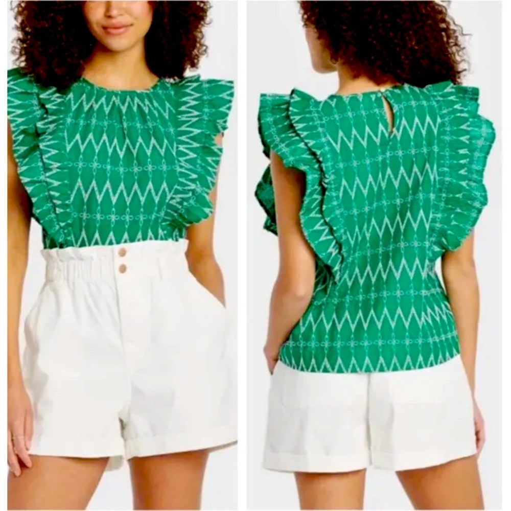 Universal Threads Green Embroidered Ruffle Top